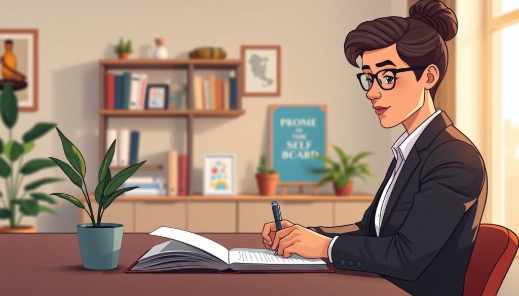 A serene office environment serves as the backdrop, showcasing a calm, contemplative workspace with soft morning light filtering in through a window. In the foreground, a business professional, dressed in smart attire, sits at a desk, engaging in a reflective journaling practice. Their expression conveys deep thought and focus as they write on a notepad. The middle ground features a potted plant and an open book on mindfulness, emphasizing the theme of self-awareness. In the background, shelves filled with motivational books and a small vision board create a supportive atmosphere. The image should evoke a sense of tranquility and personal growth, highlighting the importance of self-awareness in professional success. The scene is captured with a warm, inviting lens and a slight depth of field that draws attention to the subject. nextself.ai.