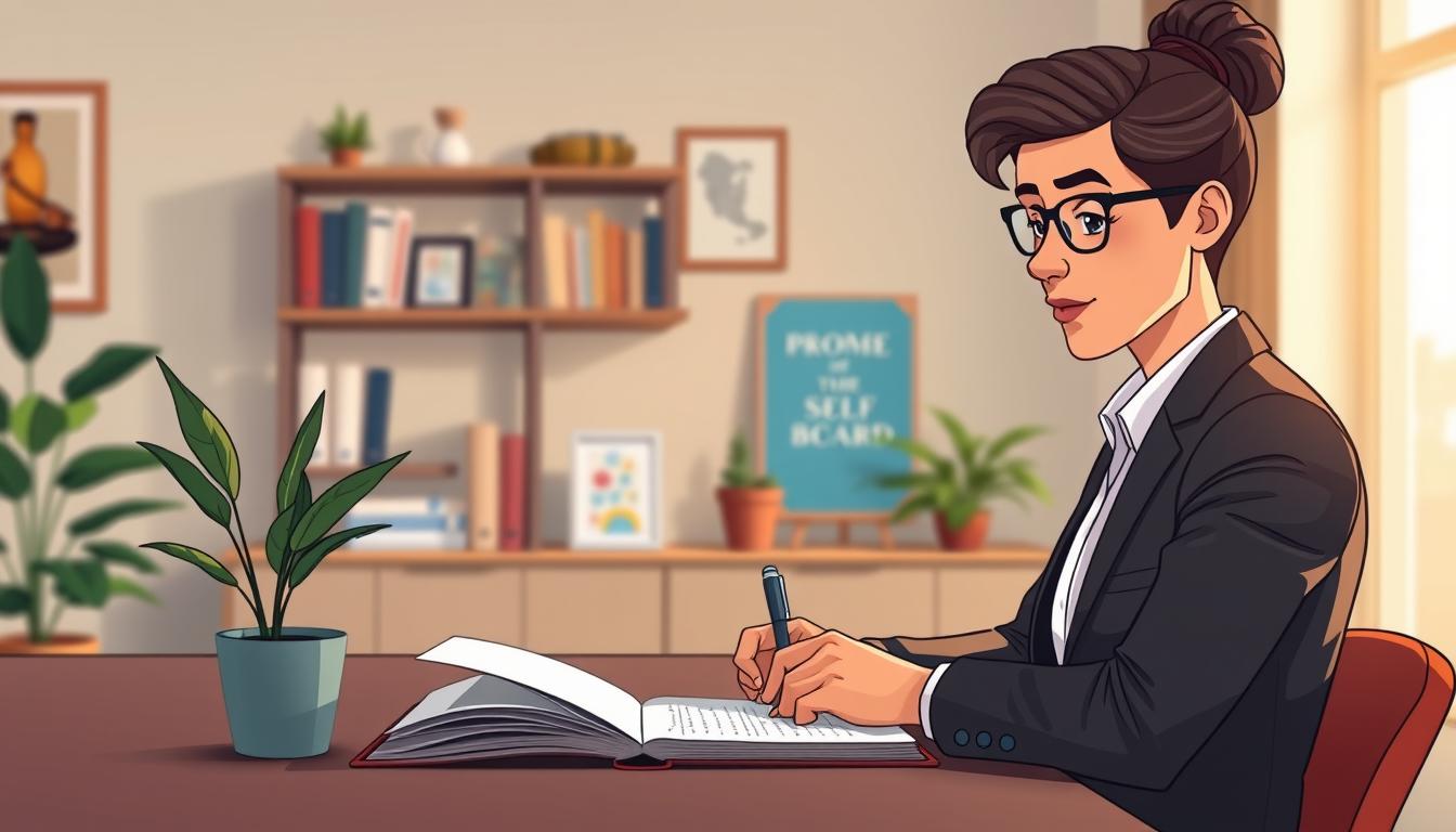 A person sitting quietly at a calm, plant-filled desk, taking a reflective pause