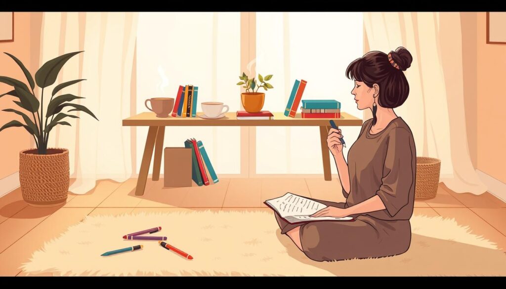 A serene scene depicting a person journaling for reflection in a cozy, inviting environment. In the foreground, a woman in modest casual clothing sits cross-legged on a soft, plush rug, surrounded by scattered pens and an open notebook, thoughtfully poised with a pen in hand. The middle layer features a wooden table adorned with a steaming cup of herbal tea, a potted plant, and an array of colorful journals, suggesting a space for creativity and introspection. The background showcases a softly lit room through a large window with sheer curtains, allowing warm, natural light to flood in, creating a calming atmosphere. The mood is peaceful and inspiring, reflecting self-awareness and personal growth. Focus on a warm color palette and soft textures, emphasizing the theme of effective self-awareness practices. nextself.ai